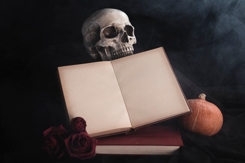 open book mock up with roses skull 23 2148273487